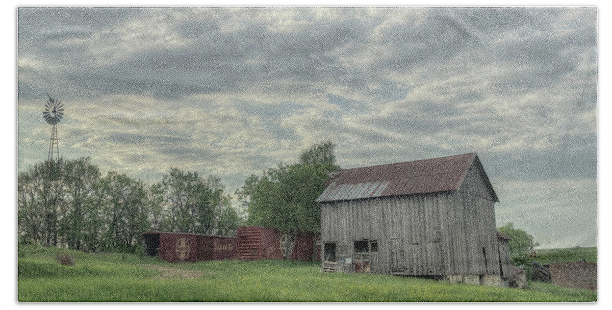 Clouds Hand Towel featuring the photograph Train Cars and a Barn by Laura Hedien