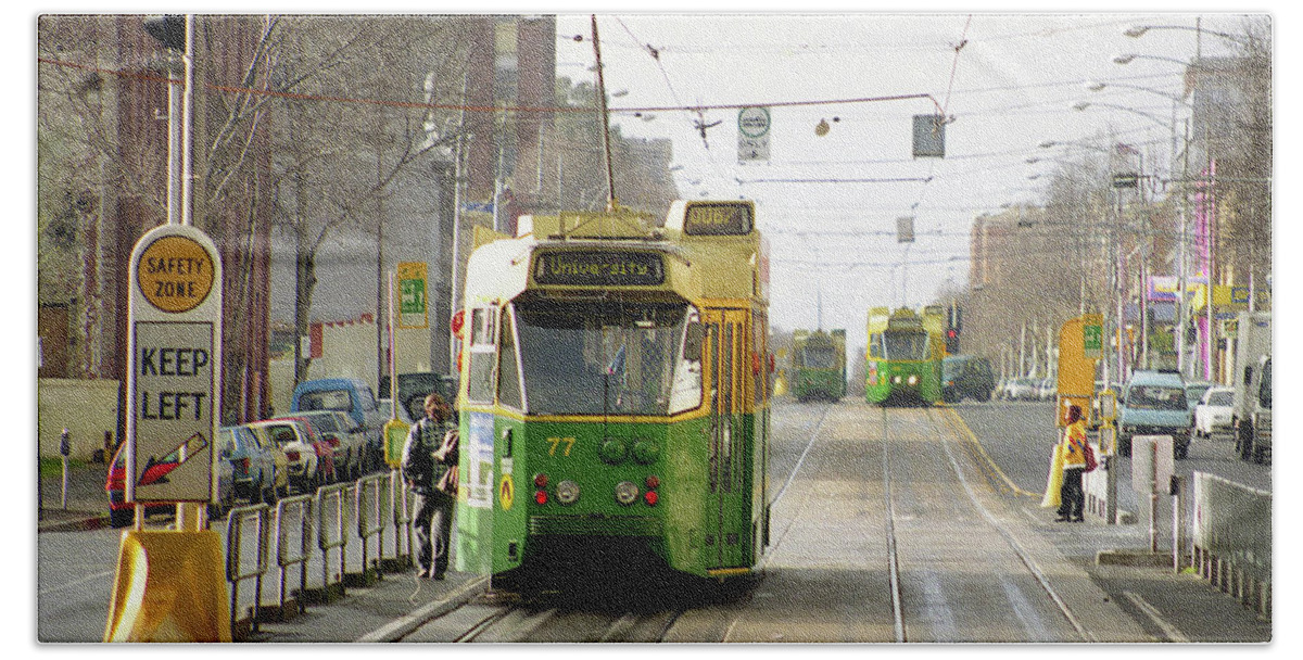 Trams Hand Towel featuring the photograph Trams, Melbourne, Circa 1998 by Jerry Griffin