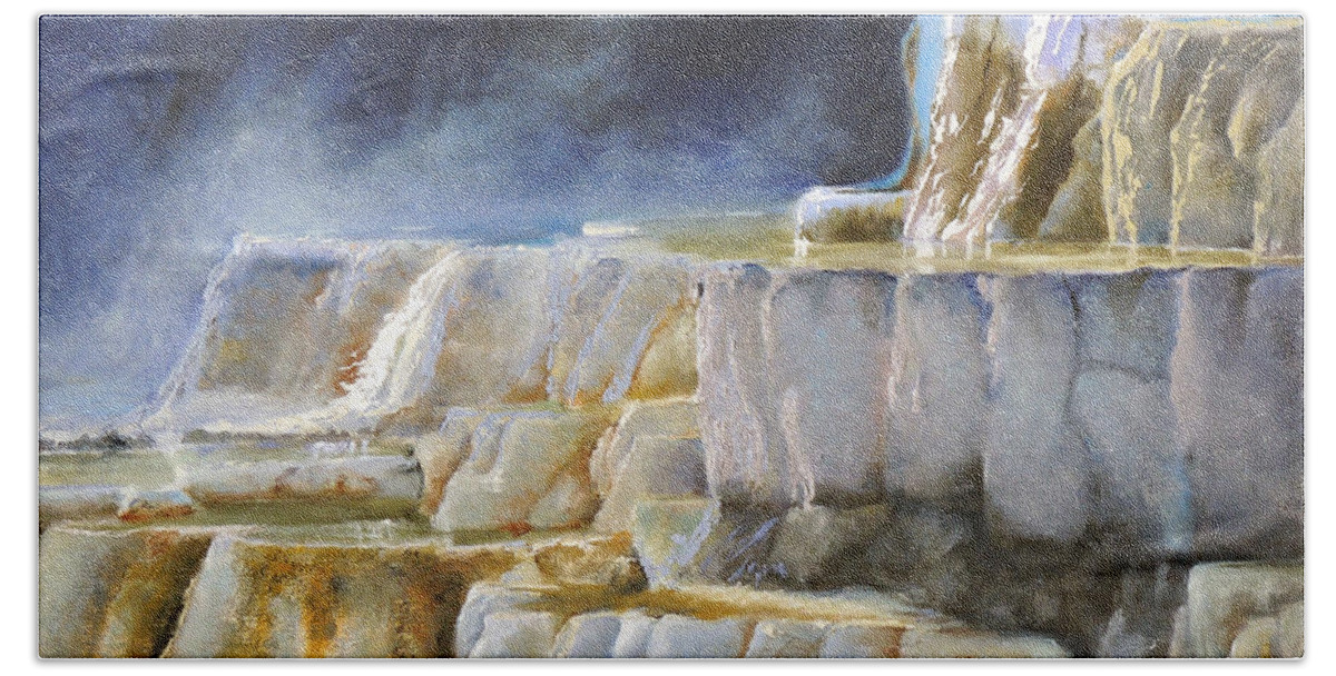 Terraces Bath Towel featuring the painting Travertine Terraces-Mammoth Hot Springs by Marsha Karle