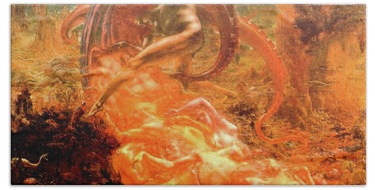 Jean Delville Bath Towel featuring the painting Treasures of Satan by Jean Delville