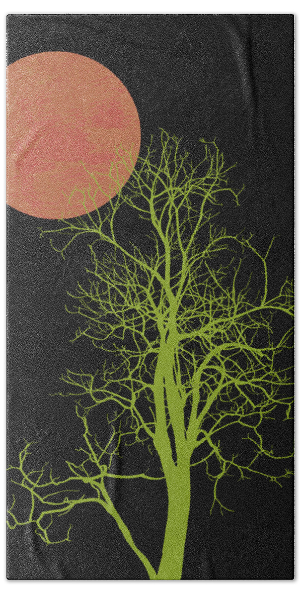Tree Hand Towel featuring the mixed media Tree and Orange Moon by Naxart Studio