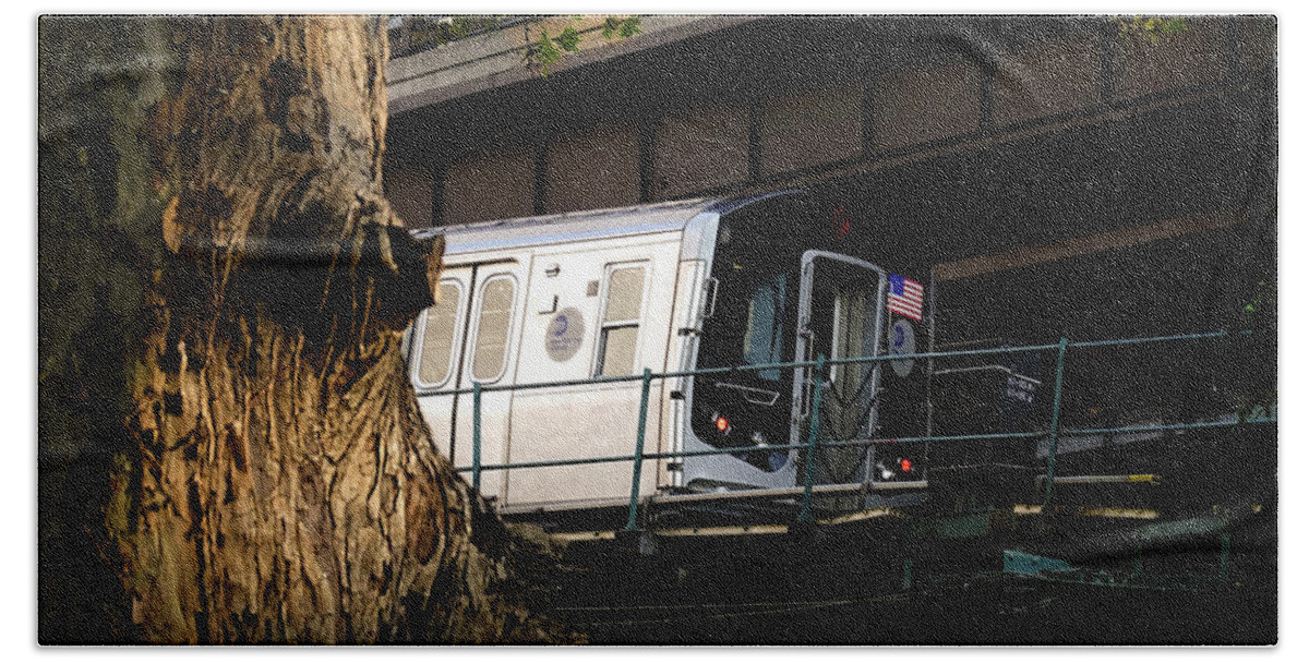 Subway Hand Towel featuring the photograph Tree and Train by Steve Ember