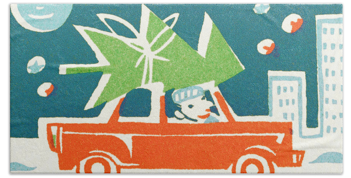 Auto Hand Towel featuring the drawing Tree tied to top of car by CSA Images