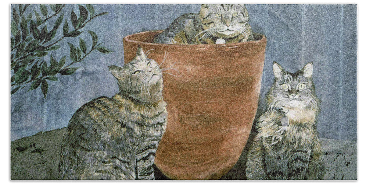 Three Neighbors Cats Gather On Our Front Porch. Bath Towel featuring the painting Tres Gatos by Monte Toon