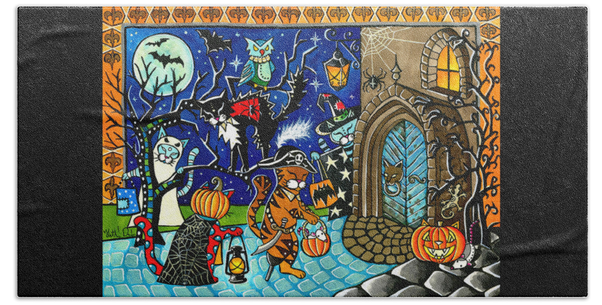 Trick Or Treat Halloween Cats Hand Towel featuring the painting Trick Or Treat Halloween Cats by Dora Hathazi Mendes