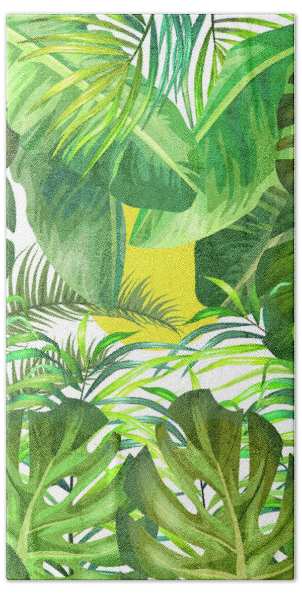 Tropical Bath Towel featuring the mixed media Tropical Leaf Pattern 01- Banana, Palm Leaf, Monstera Leaf - Green, Freshness, Tropical, Botanical by Studio Grafiikka