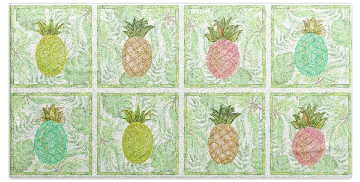Colorful Hand Towel featuring the mixed media Tropical Pineapple Squares by Ani Del Sol