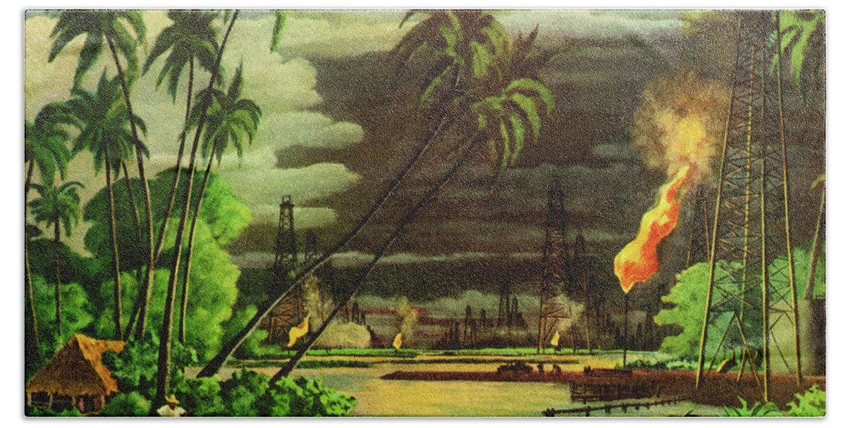 Campy Hand Towel featuring the drawing Tropical Setting with Oil Wells by CSA Images