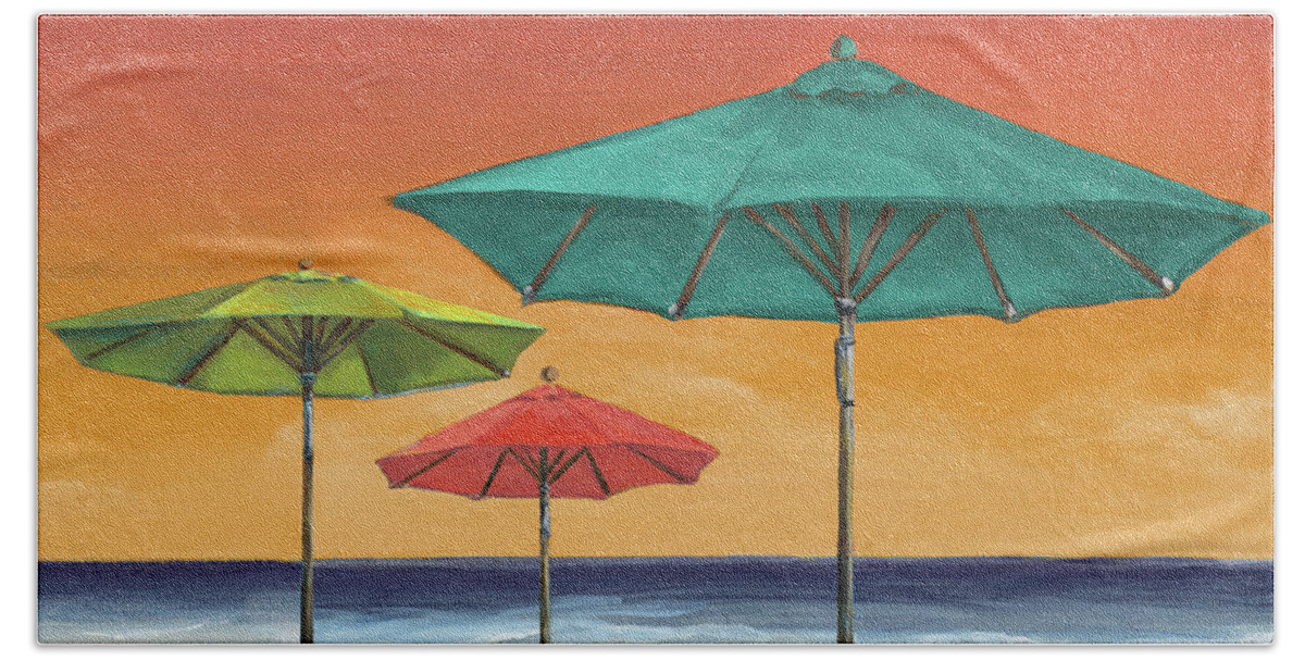 Coastal Hand Towel featuring the painting Tropical Umbrellas II by Tiffany Hakimipour
