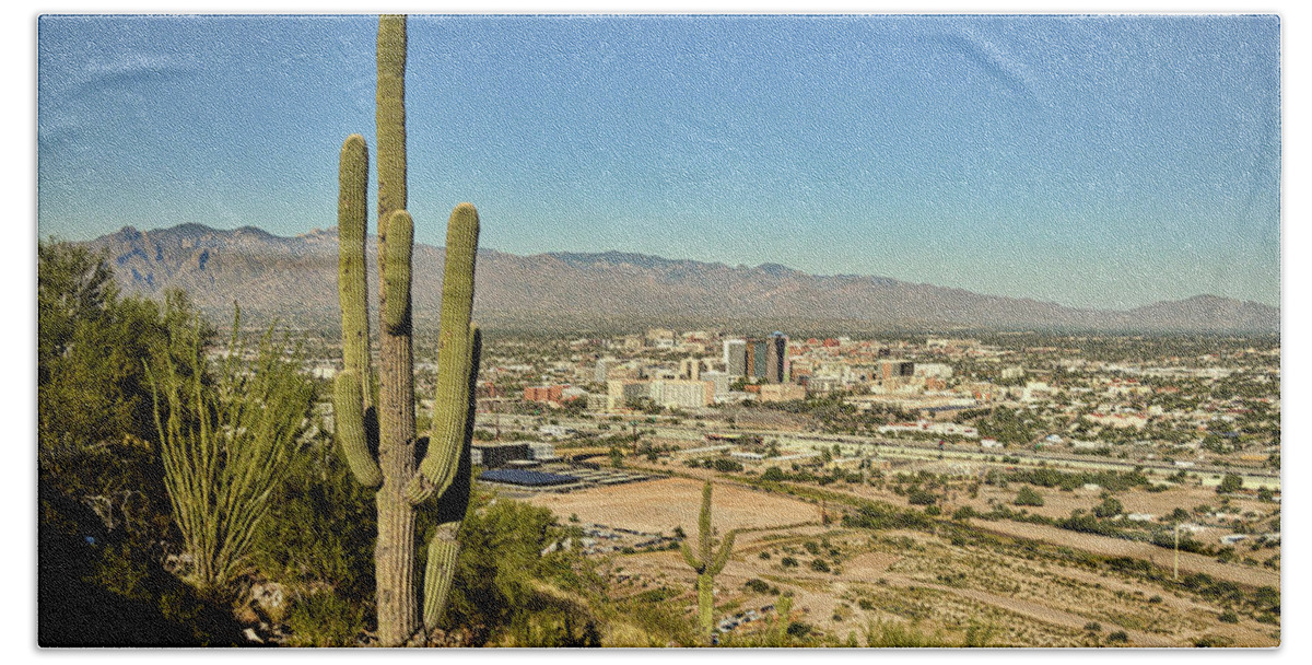 Tucson Hand Towel featuring the photograph Tucson Skyline and Saguaro Cactus by Chance Kafka