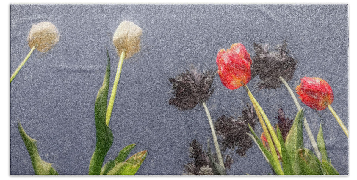 Blooms Bath Towel featuring the mixed media Tulips, tulips, tulips by Sue Leonard