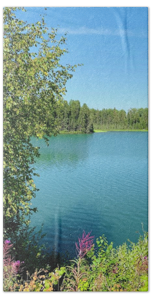 Lake Bath Towel featuring the photograph Turquoise Lake and Wildflowers by Judy Dimentberg