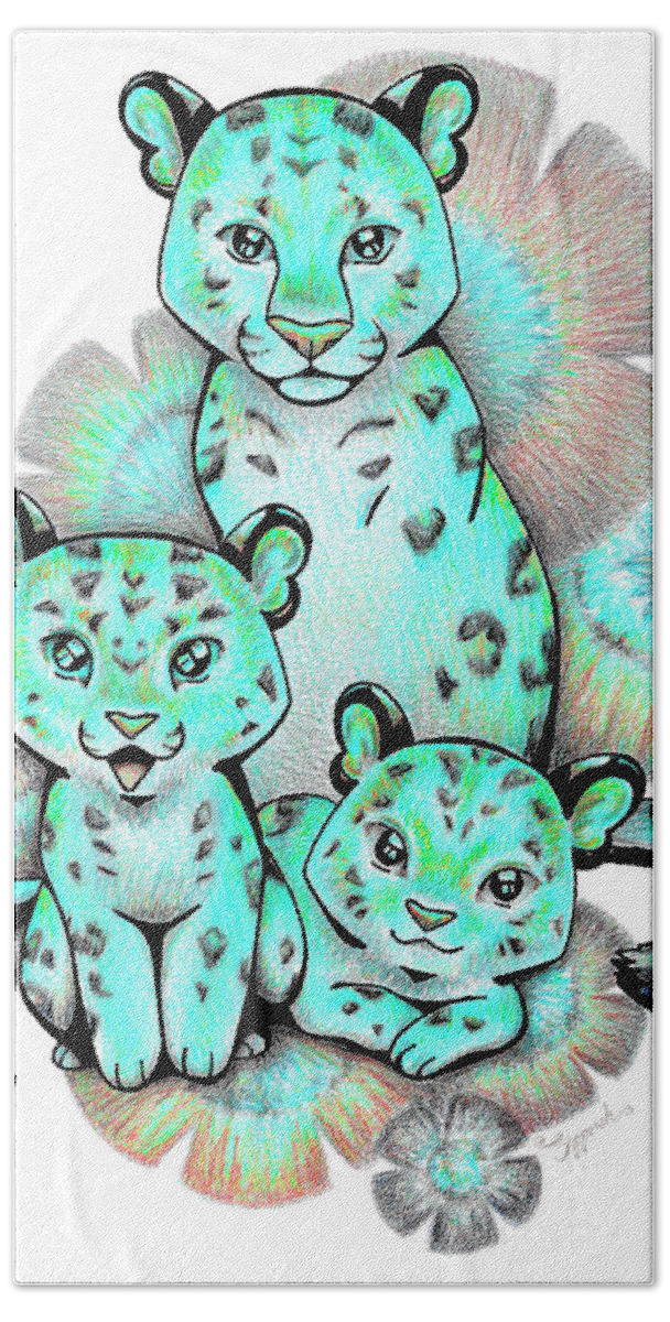 Leopards Hand Towel featuring the drawing Turquoise Leopards by Sipporah Art and Illustration