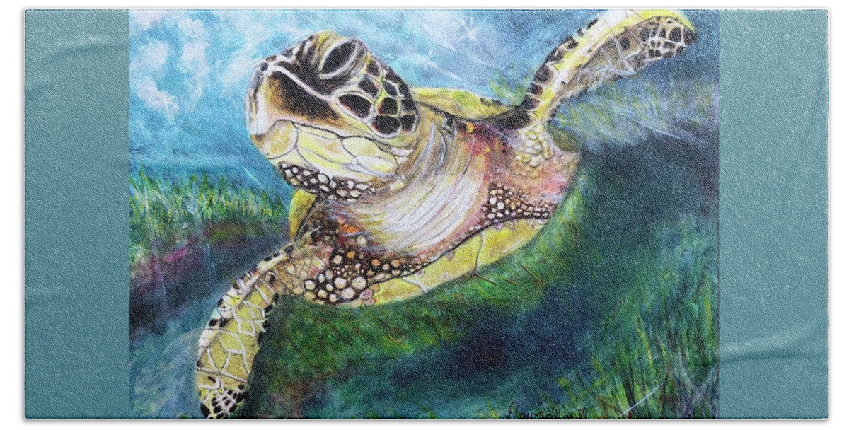 Sea Turtle Bath Towel featuring the painting Turtle Swim by Dawn Harrell