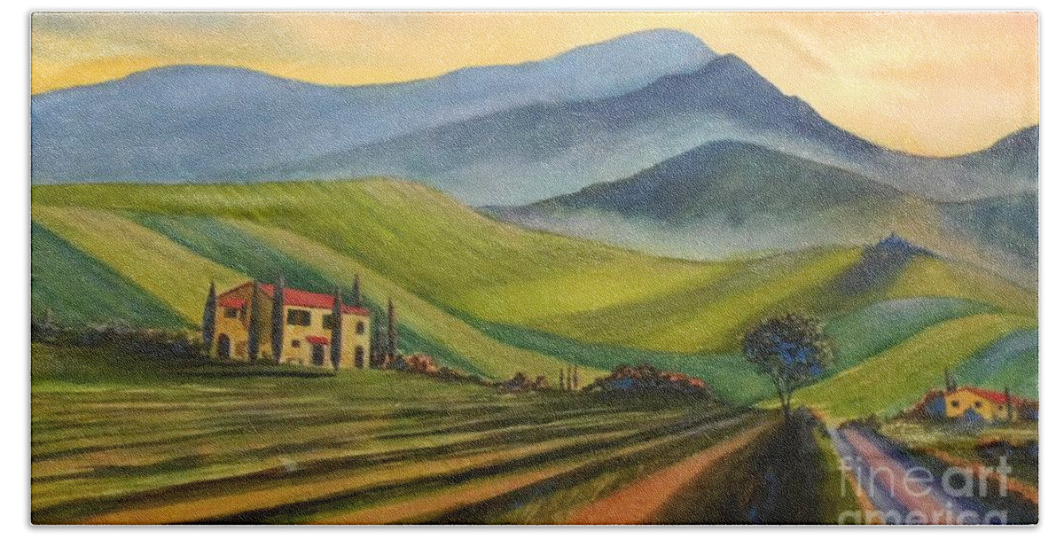 Landscape Hand Towel featuring the painting Tuscan Fields by Petra Burgmann