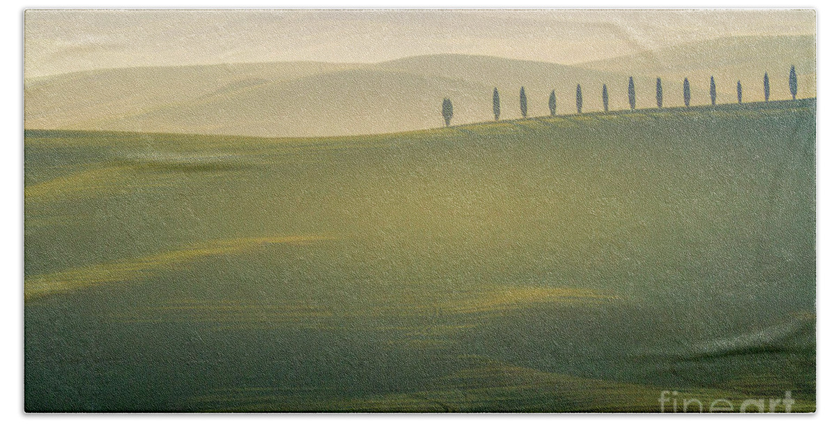 Landscape Bath Towel featuring the photograph Tuscany Landscape with Cypress Trees by Heiko Koehrer-Wagner