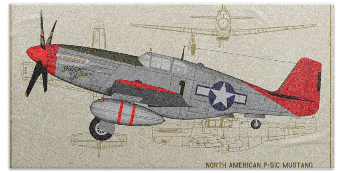 332nd Fighter Group Bath Towel featuring the digital art Tuskegee P-51C Skippers Darling Profile Art by Tommy Anderson