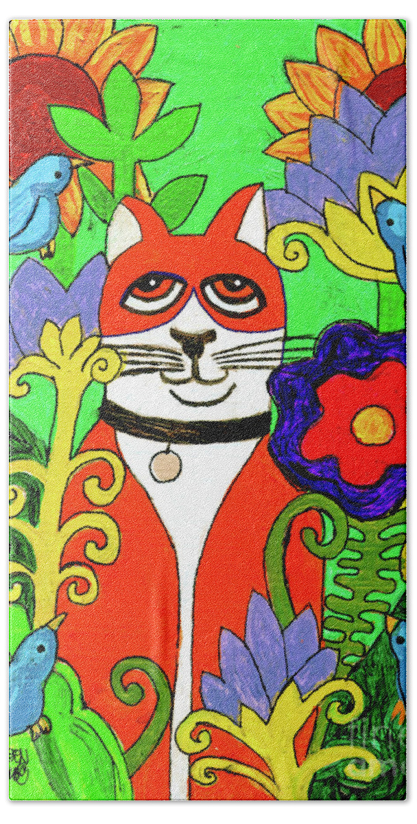 Cat Bath Towel featuring the painting Tuxedo Cat With Four Bluebirds In Garden by Genevieve Esson