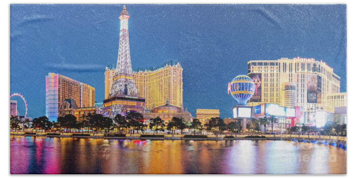 Las Vegas Hand Towel featuring the photograph Twilight Panorama of Neon Heaven - Las Vegas Strip Skyline - Mojave Desert Nevada by Silvio Ligutti