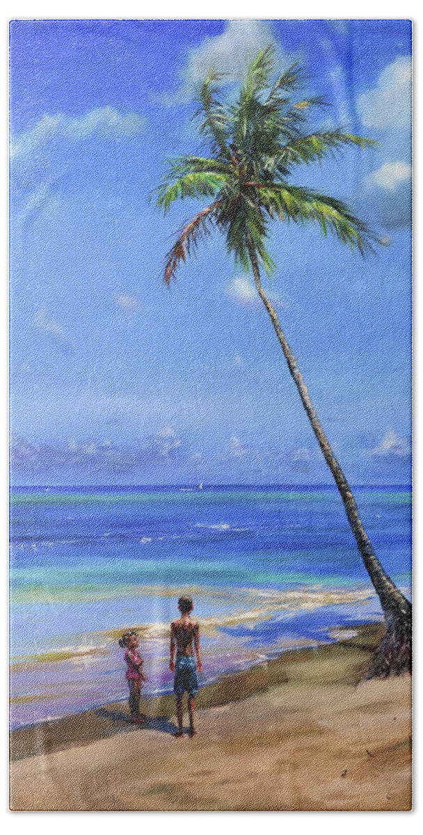 Caribbean Art Bath Towel featuring the painting Two Children by Coconut Tree by Jonathan Gladding