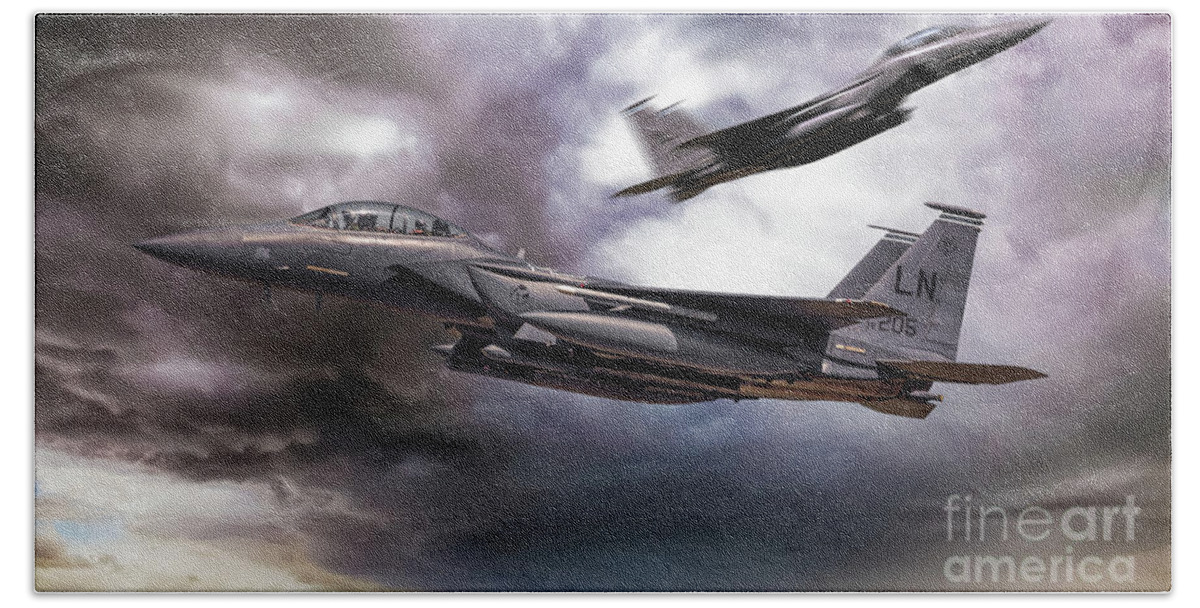F15 Bath Towel featuring the digital art Two F-15E Strike Eagle passing in storm clouds by Simon Bratt