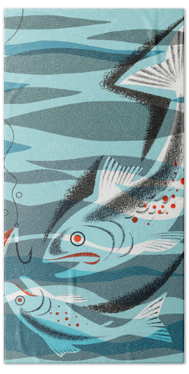 Activity Hand Towel featuring the drawing Two Fish Going After Bait by CSA Images