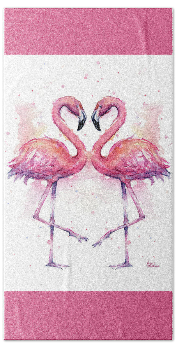 Flamingo Hand Towel featuring the painting Two Flamingos In Love Watercolor by Olga Shvartsur