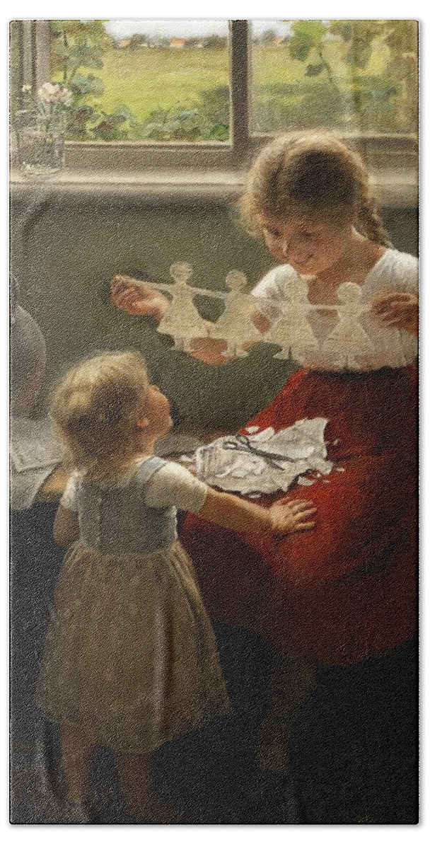 Carl Von Bergen Hand Towel featuring the digital art Two Girls Playing with a Paper Garland by Carl von Bergen