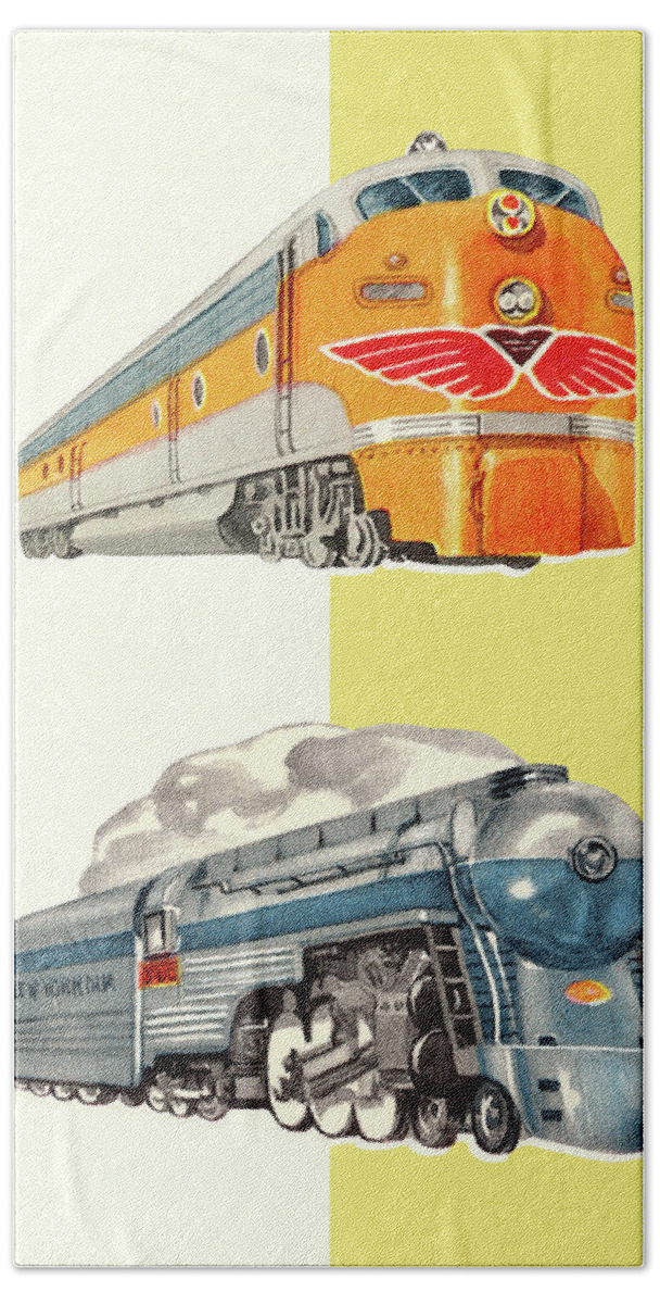 Campy Hand Towel featuring the drawing Two Railroad Engines by CSA Images