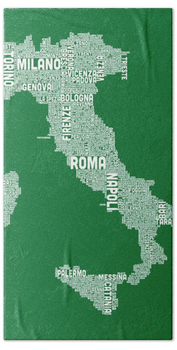 Italy Map Bath Sheet featuring the digital art Typography Text Map of Italy Map by Michael Tompsett