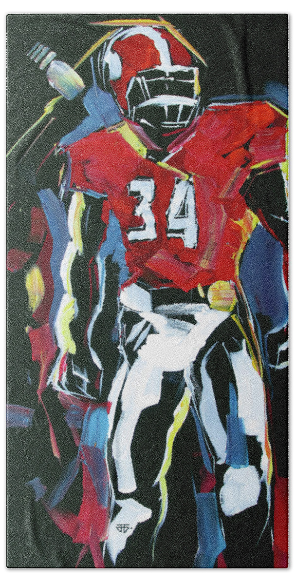 Uga Football Bath Towel featuring the painting UGA number 34 by John Gholson