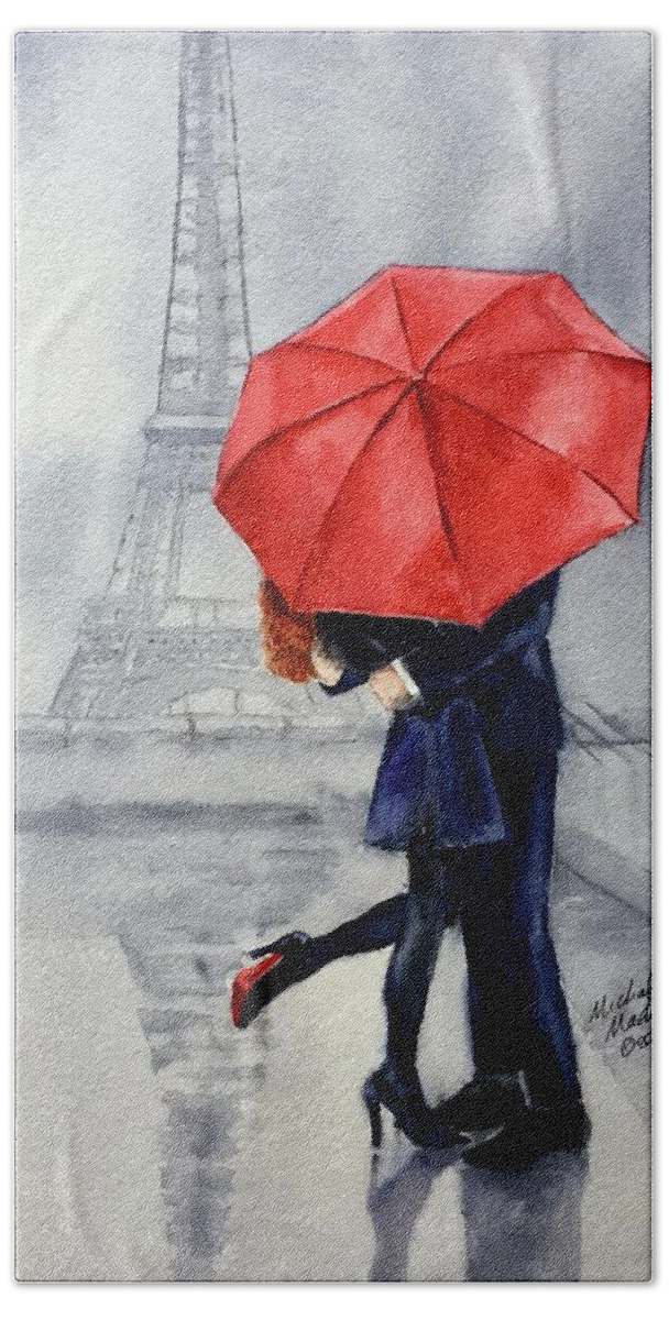 Paris Hand Towel featuring the painting Under A Red Umbrella by Michal Madison