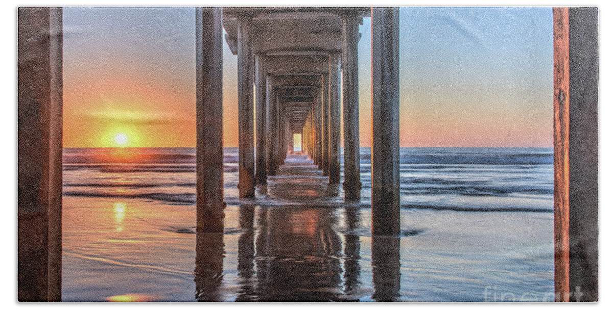 Beach Hand Towel featuring the photograph Under Scripps Pier at Sunset ..Autographed.. by David Levin