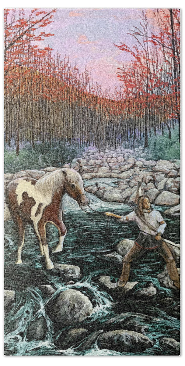 Native American Bath Towel featuring the painting Uneasy Crossing by Mr Dill