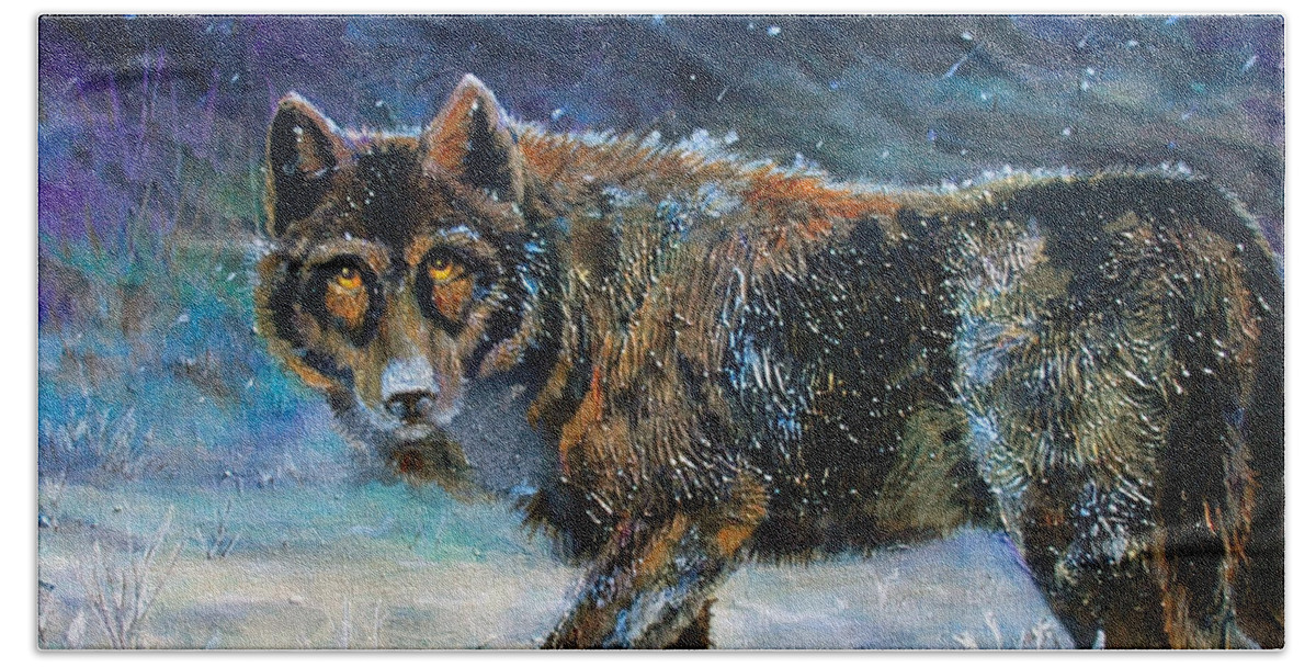 Wolf Hand Towel featuring the painting Unexpected Encounter by Cynthia Westbrook