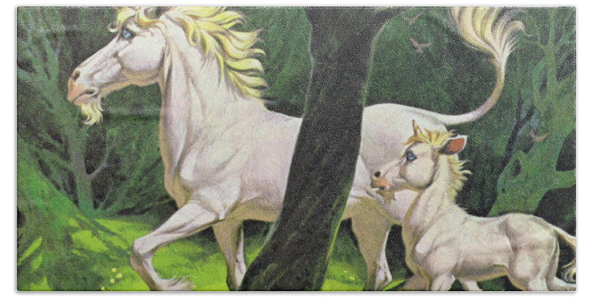 Unicorns Bath Towel featuring the painting Unicorns by Angus McBride