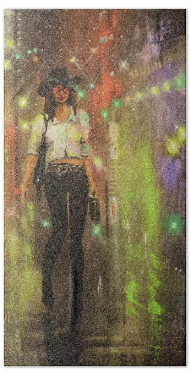 City At Night Hand Towel featuring the painting Urban Cowgirl by Tom Shropshire