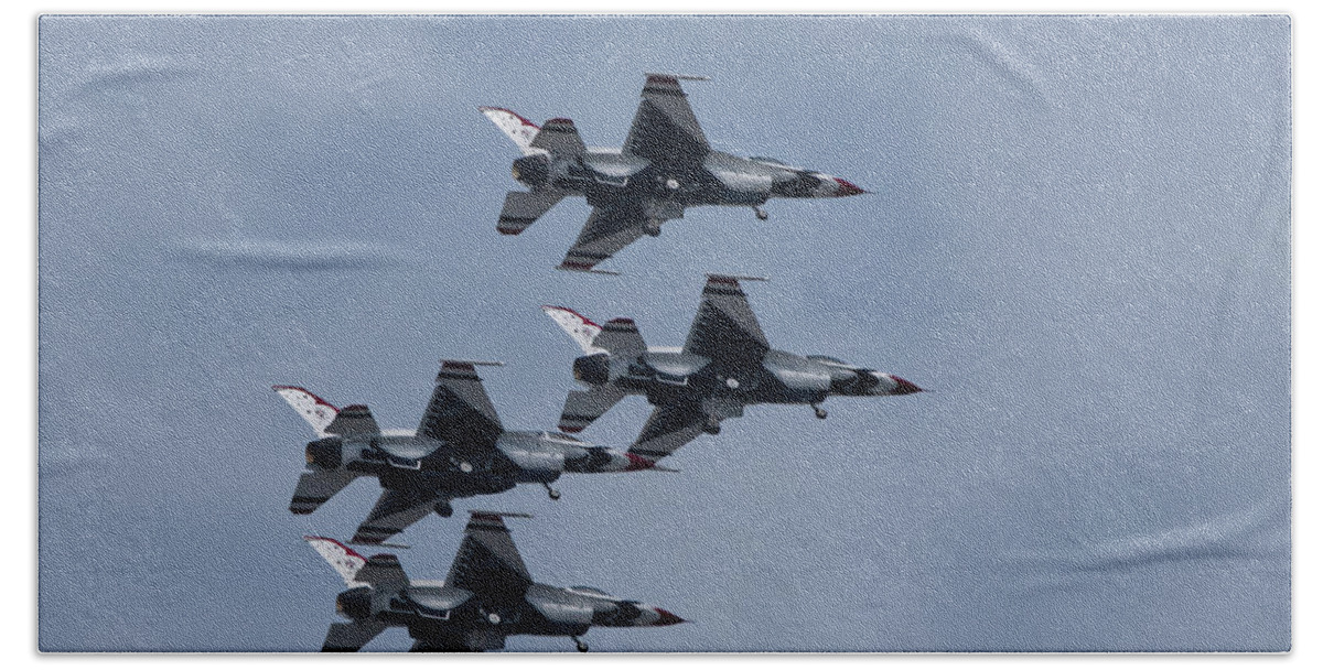 Aircraft Bath Towel featuring the photograph US AF F14s Landing In Formation at Atlantic City Air Show 2019 by Paul Ross
