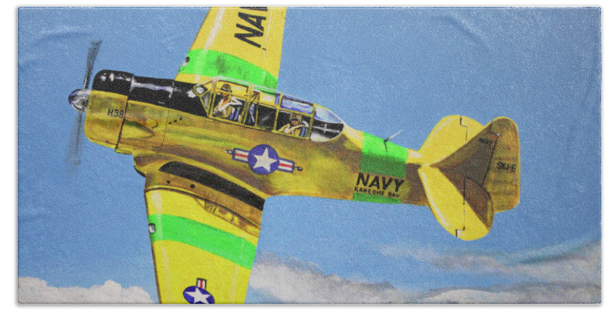 Airplane Bath Towel featuring the painting U S Navy S N J 6- Kaneohe Bay by Karl Wagner