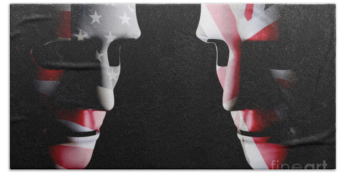 Mask Bath Towel featuring the digital art USA and GB head to head flag faces by Simon Bratt