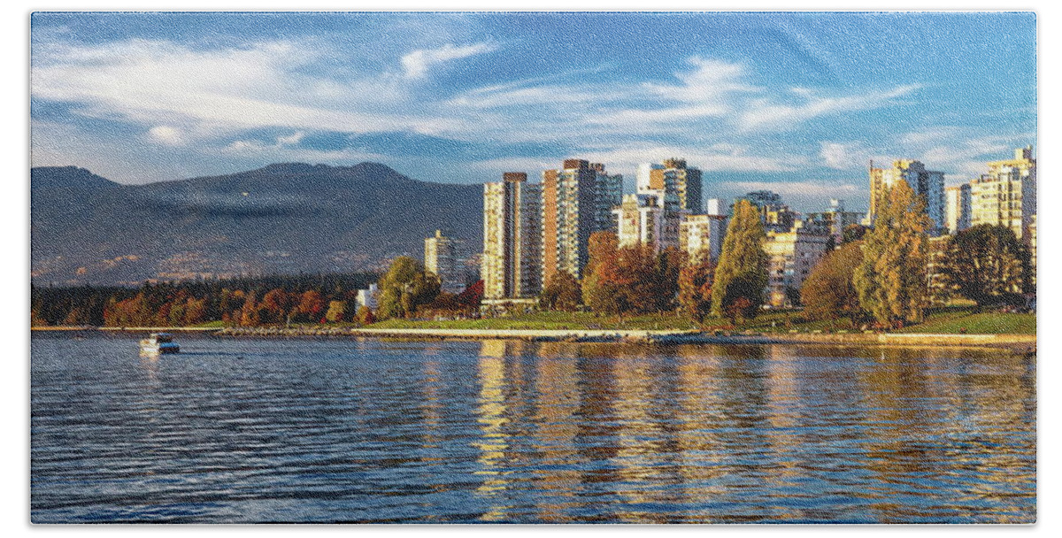 Alex Lyubar Bath Towel featuring the photograph Vancouver skyline by Alex Lyubar