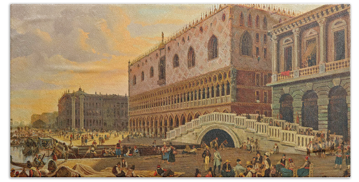 Pieter Van Loon Hand Towel featuring the painting Venice, Ponte della Paglia with the Doge's Palace by Pieter van Loon