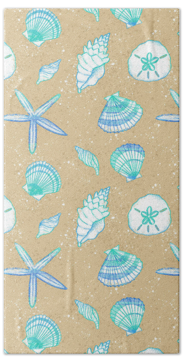 Pattern Hand Towel featuring the painting Vibrant Seashell Pattern Tan Sand Background by Jen Montgomery
