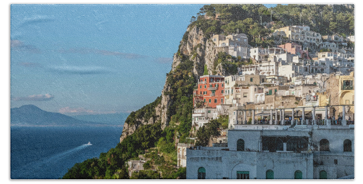 View Of Houses From Capri And Vesuvius In The Background, Capri Island,  Gulf Of Naples, Italy Bath Towel by Arnt Haug - Pixels