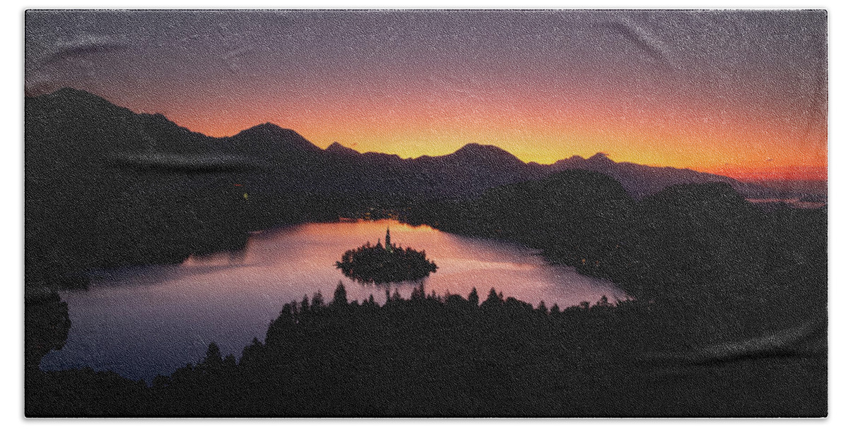 Bled Bath Towel featuring the photograph View of Lake Bled at sunrise from Ojstrica by Ian Middleton