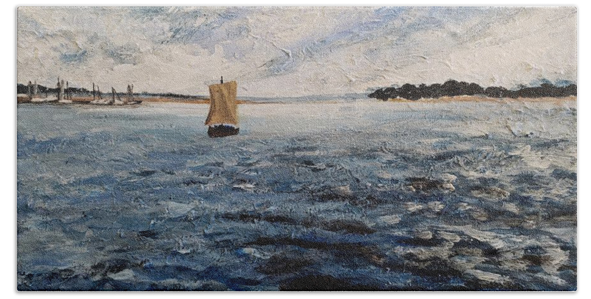 Blue Bath Towel featuring the painting Vikingship on the Roskilde fjord, Denmark by C E Dill