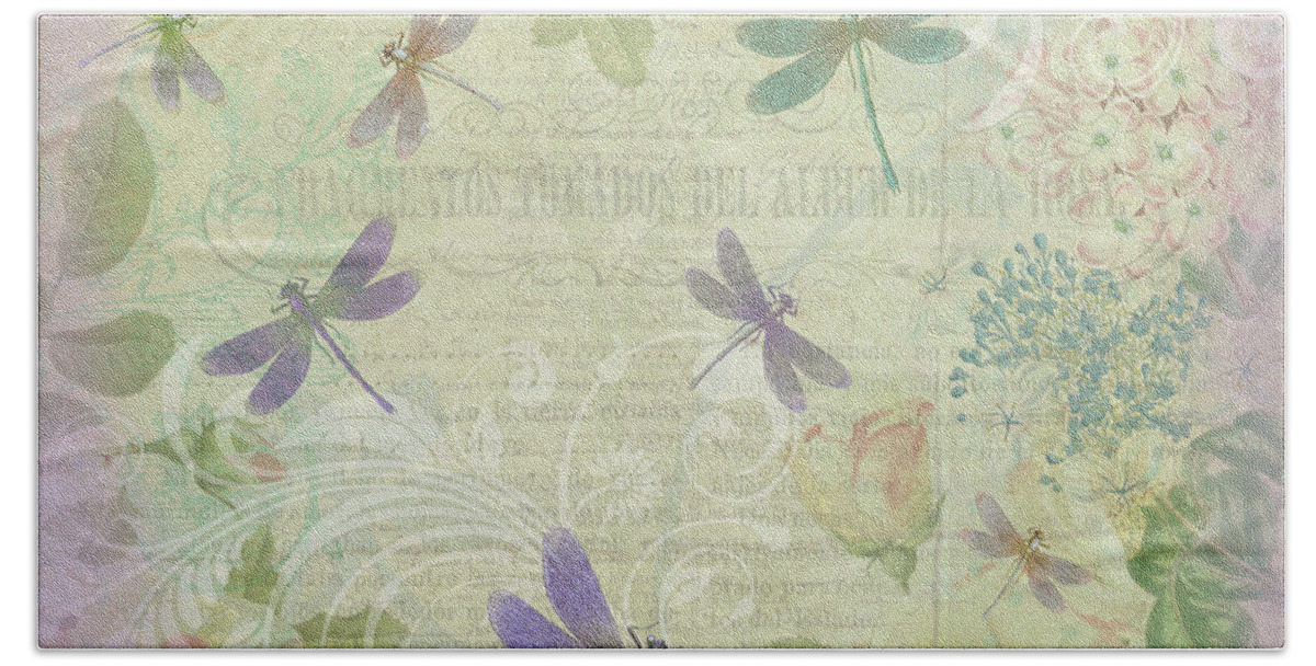 Botanical Bath Towel featuring the mixed media Vintage Botanical Illustrations and Dragonflies by Peggy Collins