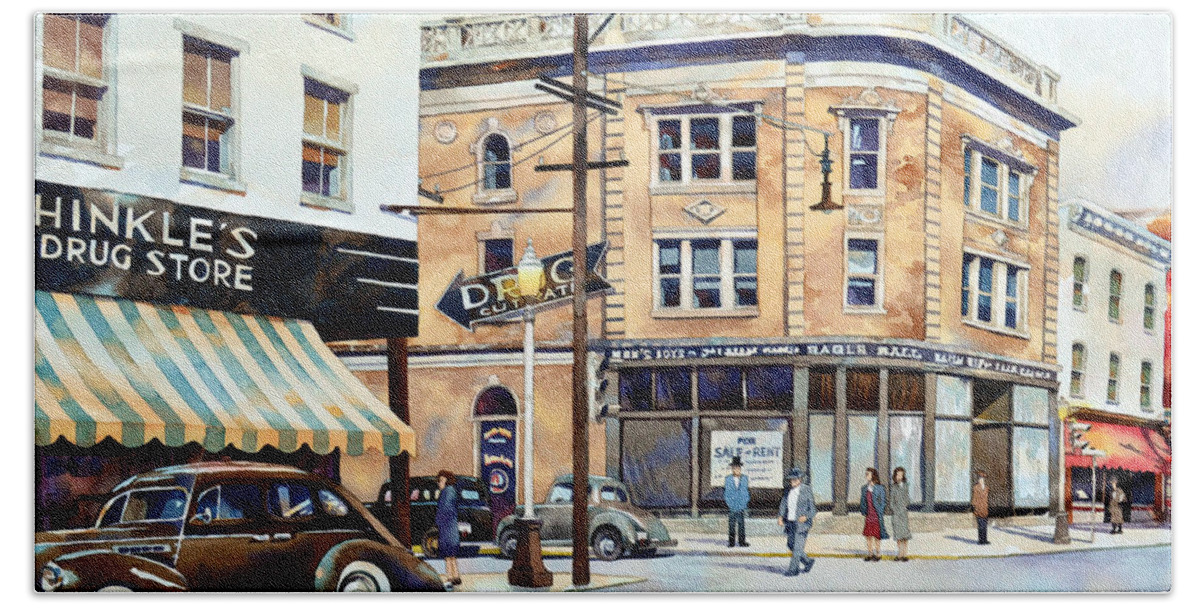 #landscape #watercolor #cityscape #fineart #painting #vintage #americana Hand Towel featuring the painting Vintage Color, Hinkle's by Mick Williams