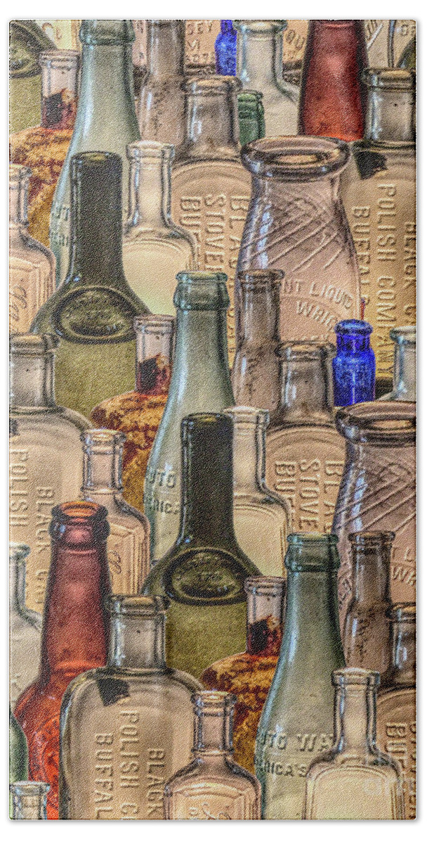 Vintage Bath Towel featuring the digital art Vintage Glass Bottles Collage by Phil Perkins