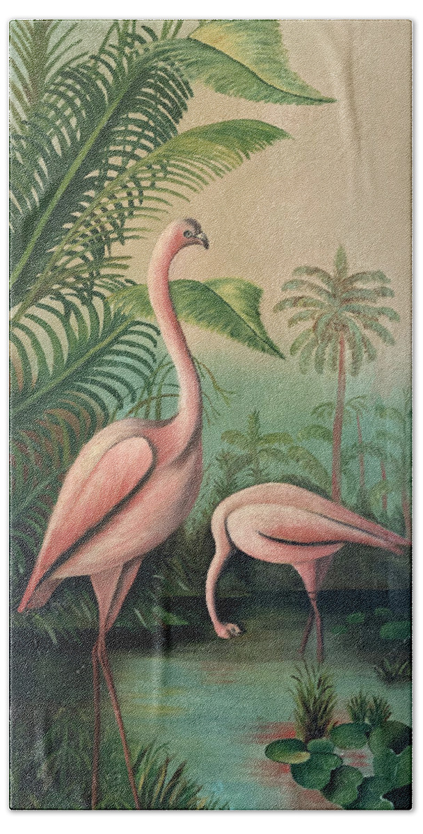 Vintage Hand Towel featuring the painting Vintage Painting Pink Flamingos by Marilyn Hunt